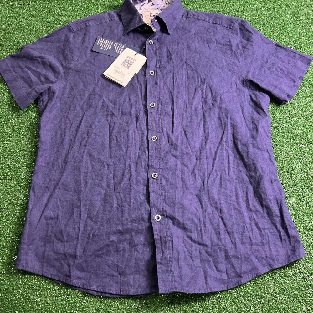 Report Collection Summer Linen Mens Blue Button Down Short Sleeve Size‎ Med NWT